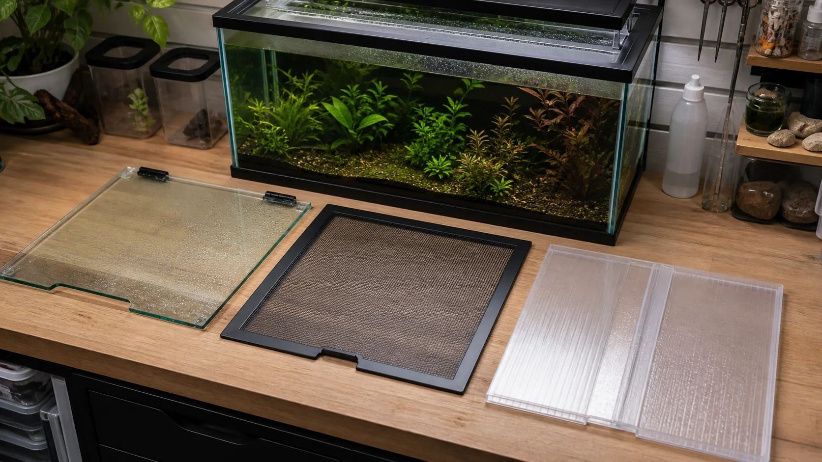 Glass, mesh, and polycarbonate aquarium lid options