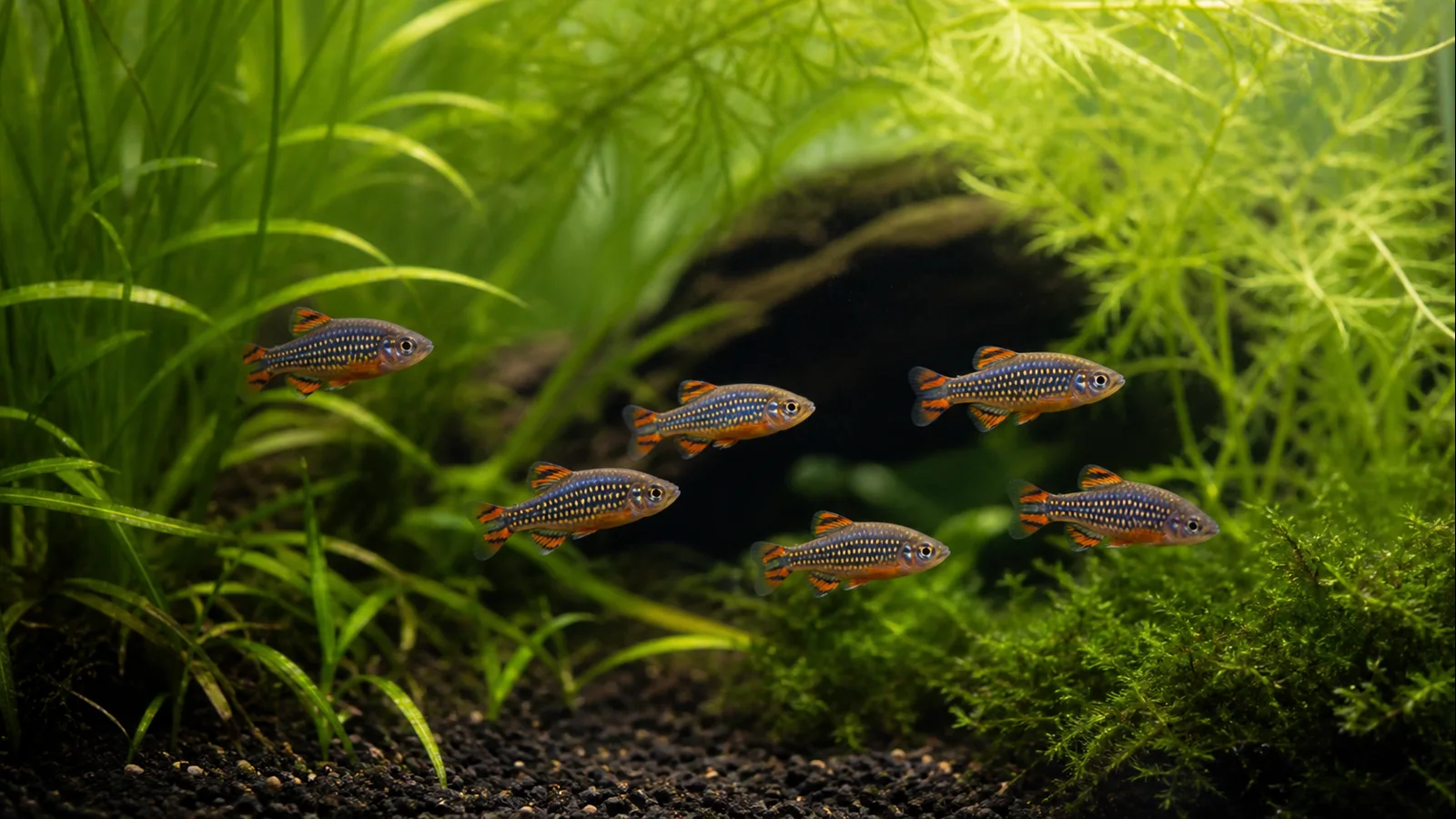 Celestial pearl danios among moss and fine-leaved plants
