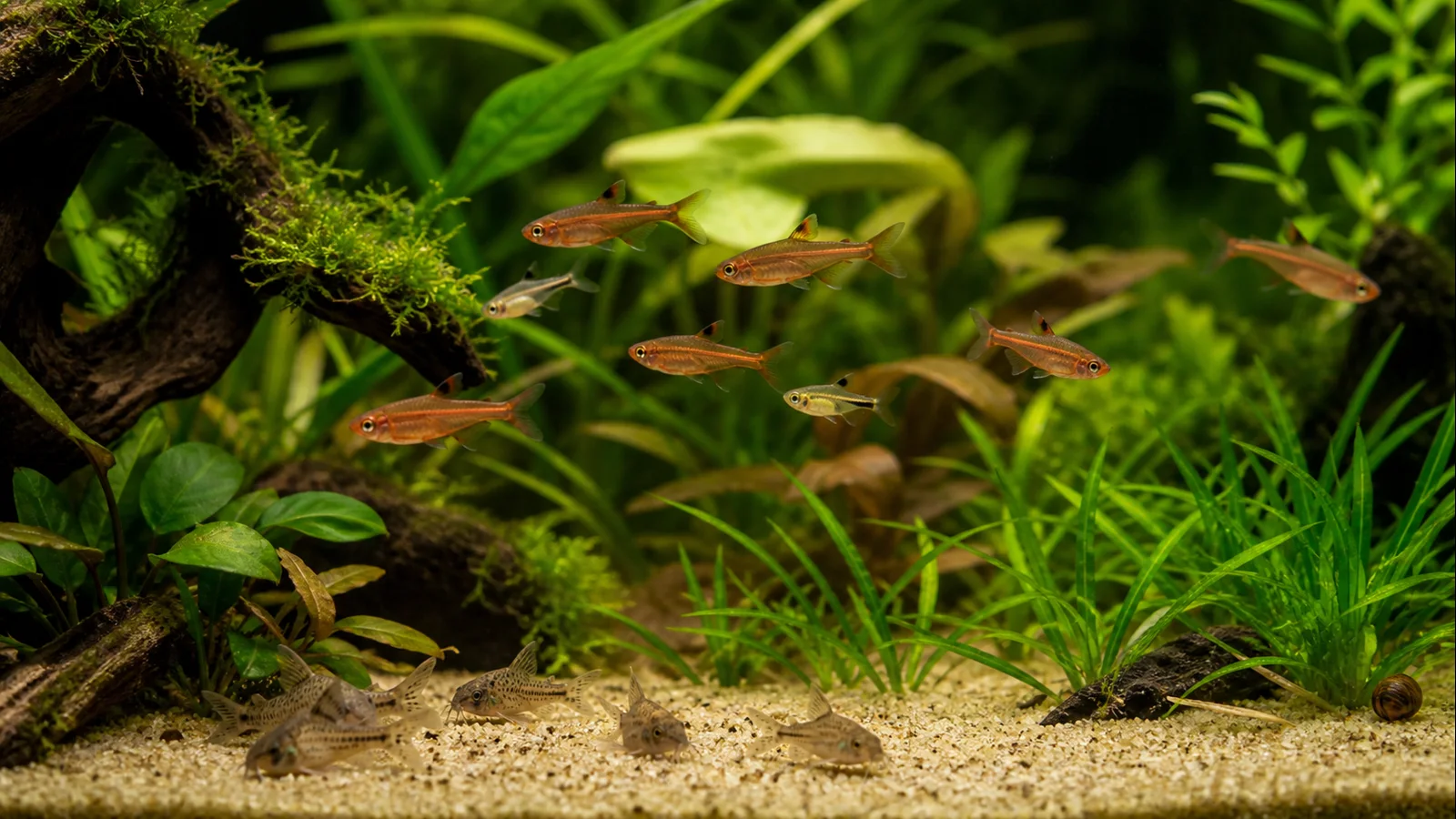 Ember tetra school with tiny rasboras and dwarf shrimp in a planted aquarium