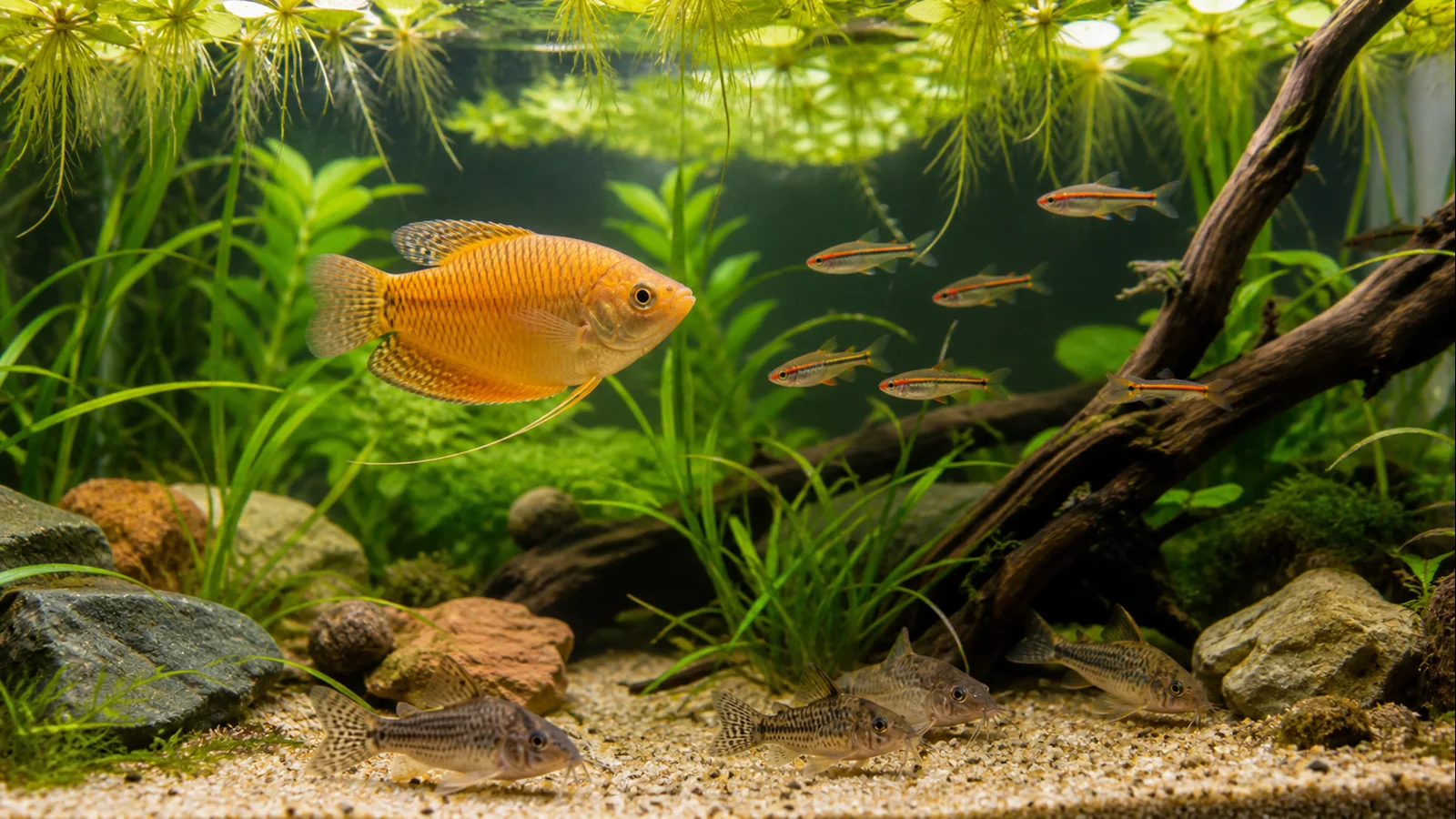 Honey gourami with small calm schooling fish among floating plants