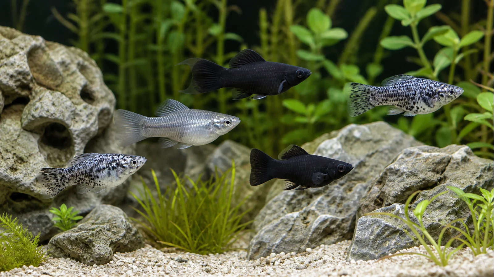 A group of mollies swimming in a spacious planted freshwater aquarium